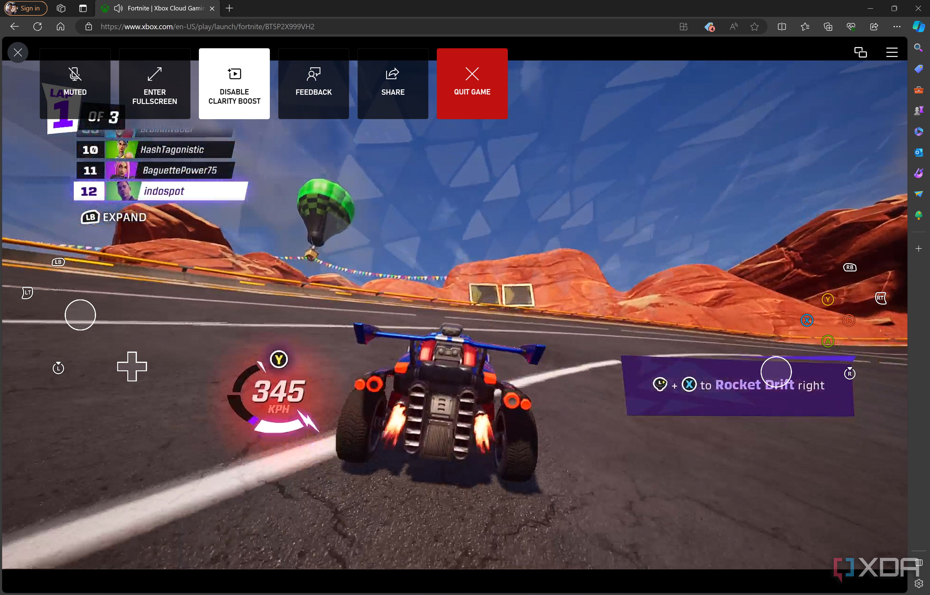 Screenshot of Xbox cloud gaming in Microsoft Edge with the Clarity Boost feature enabled