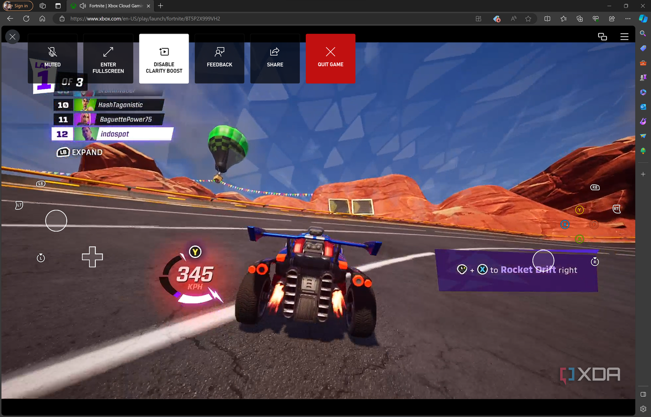 Screenshot of Xbox cloud gaming in Microsoft Edge with the Clarity Boost feature enabled