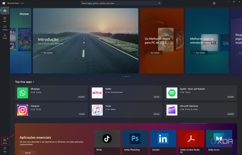 Screenshot of the Microsoft Store home page with the Library button highlighted