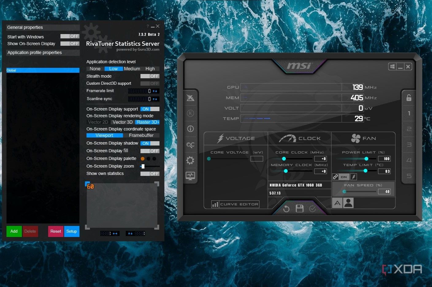 msi afterburner and rivatuner open on desktop with stats showing