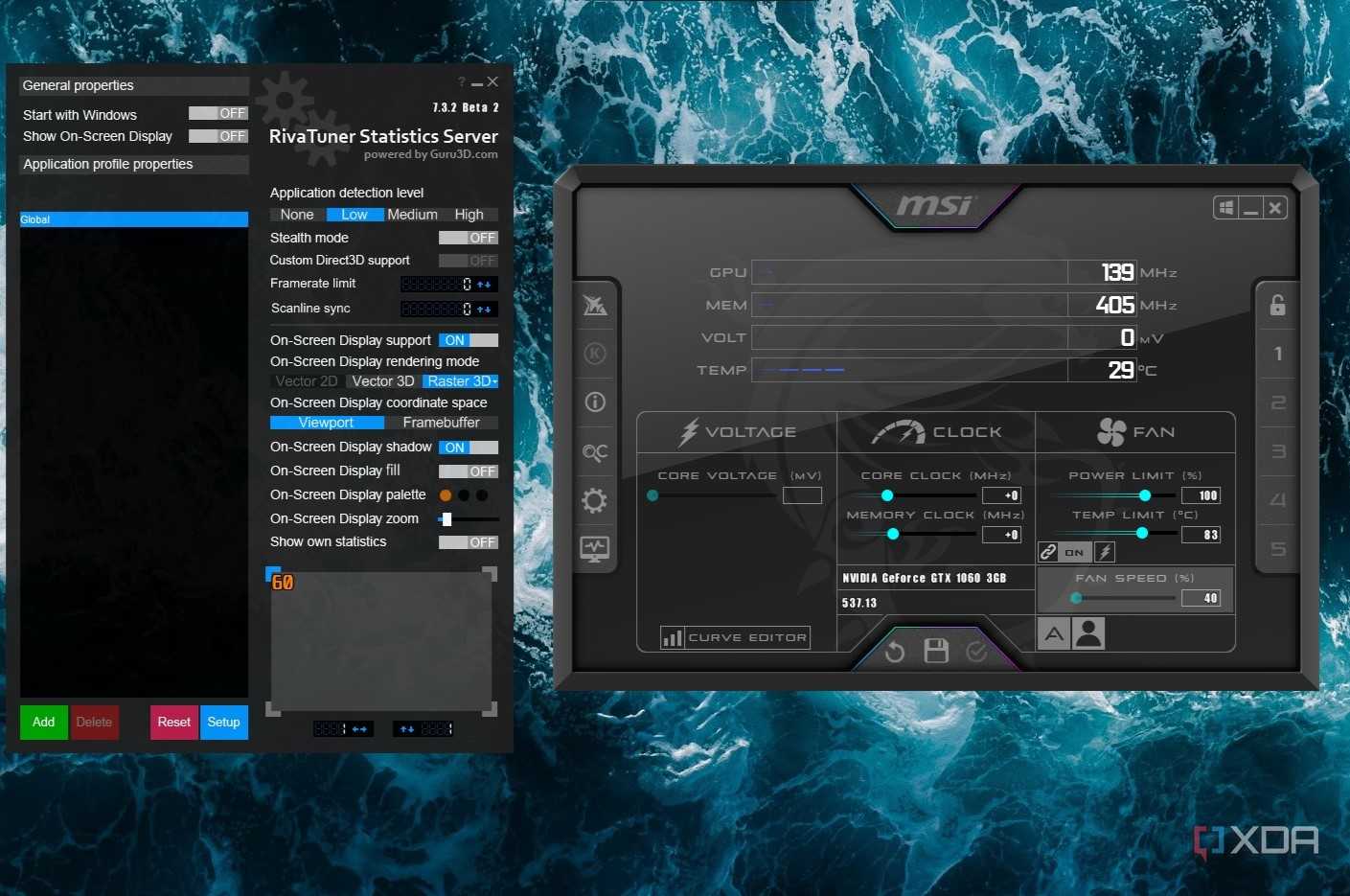 msi afterburner and rivatuner open on desktop with stats showing