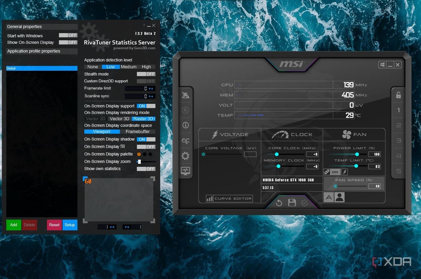 msi afterburner and rivatuner open on desktop with stats showing