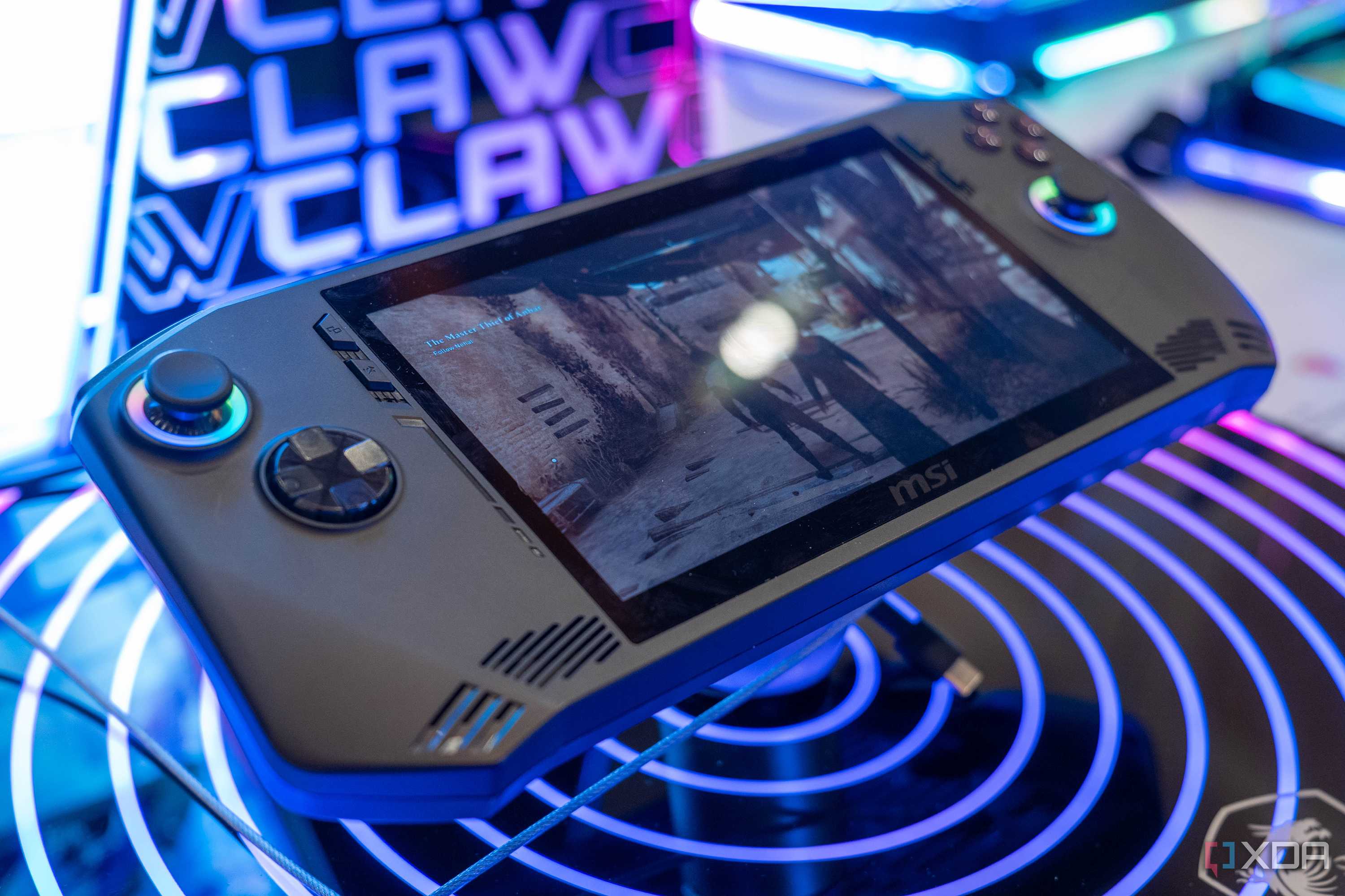 The MSI Claw laying flat at CES.