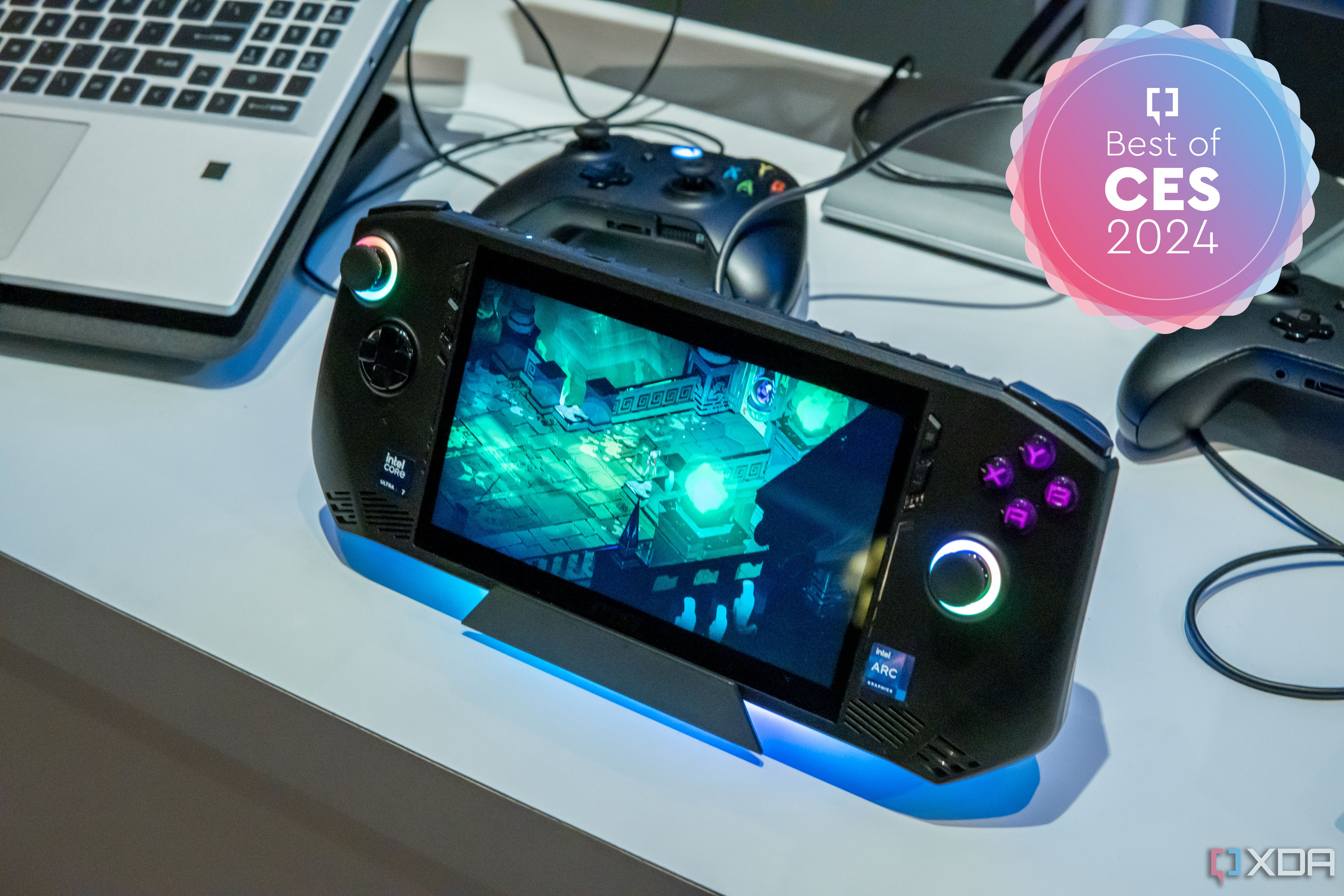 Angled view of the MSI Claw gaming handheld running a video game