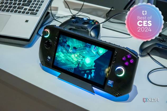 Angled view of the MSI Claw gaming handheld running a video game