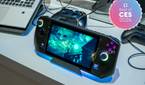 Angled view of the MSI Claw gaming handheld running a video game