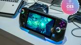 Angled view of the MSI Claw gaming handheld running a video game