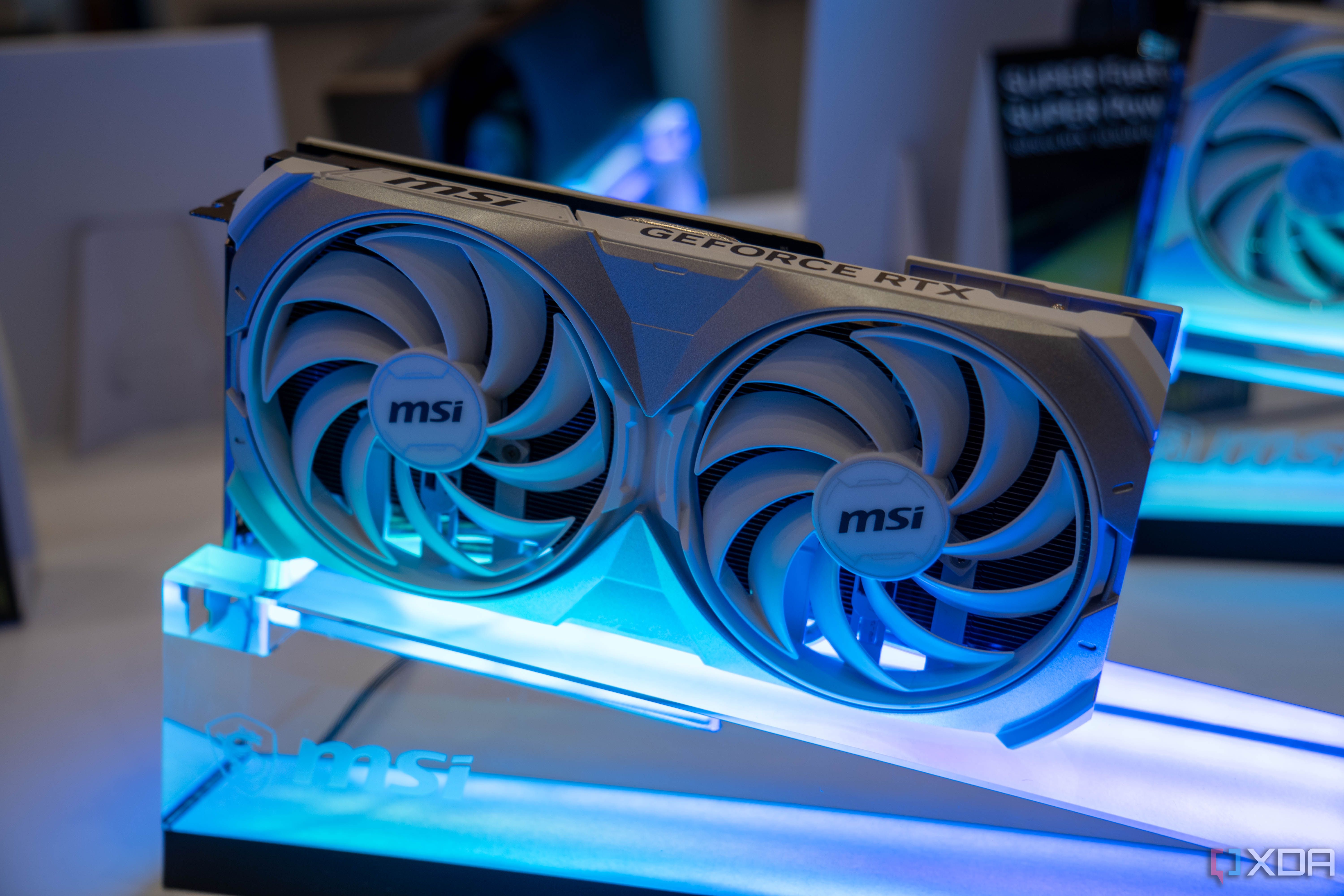 An image of an MSI GPU on an LED display mount. 