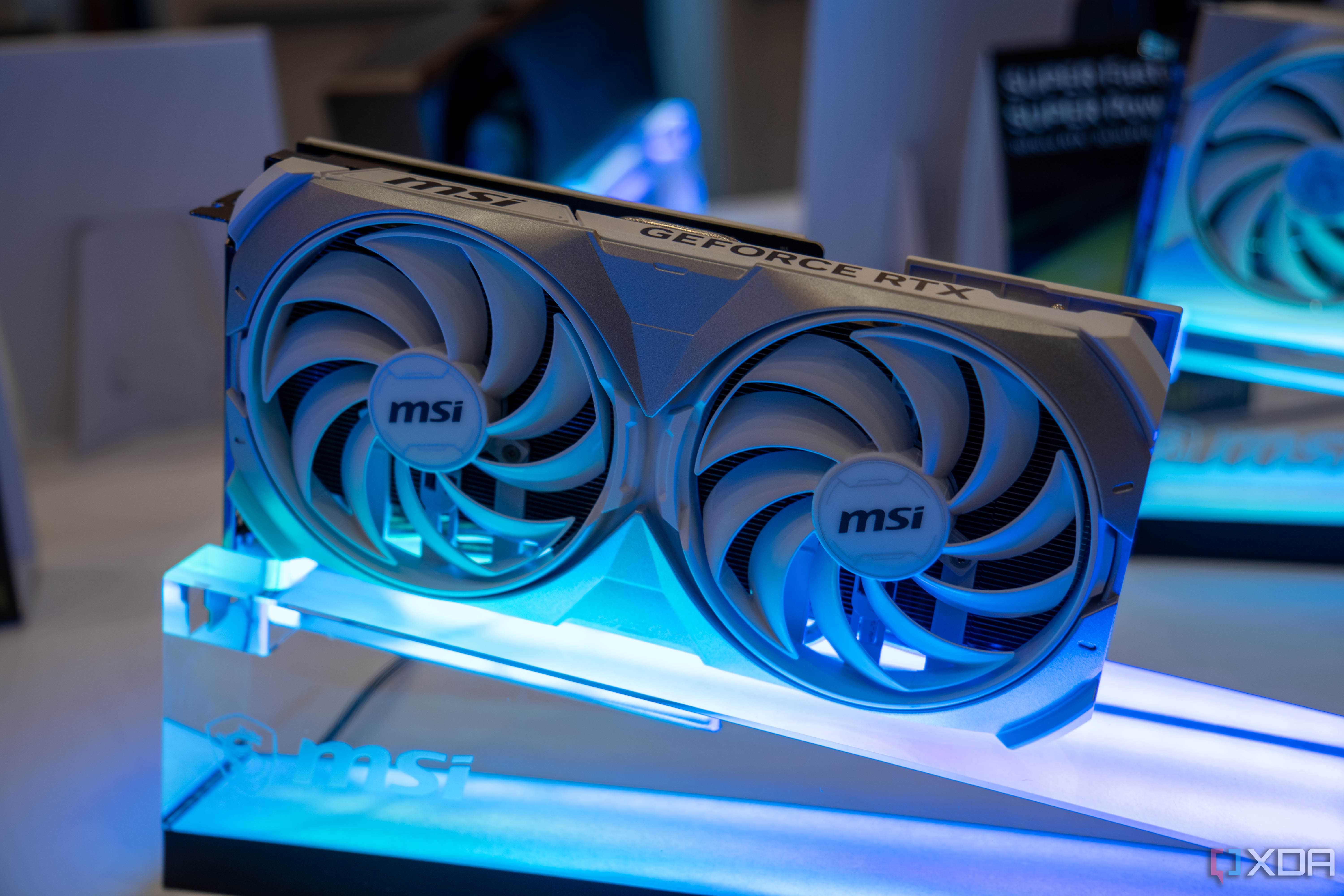 An image of an MSI GPU on an LED display mount.