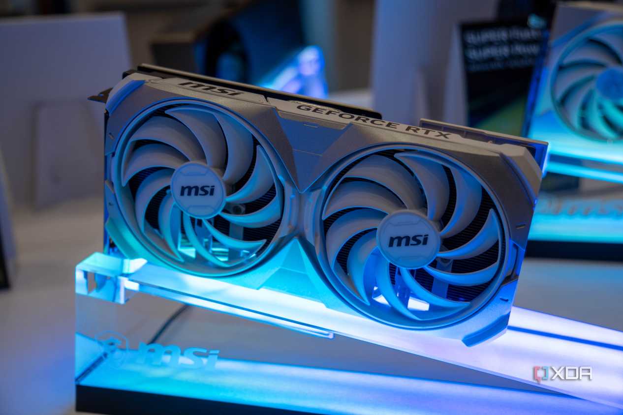 An image of an MSI GPU on an LED display mount.