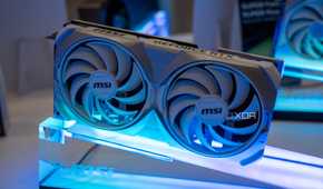 An image of an MSI GPU on an LED display mount.