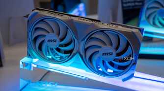 An image of an MSI GPU on an LED display mount.