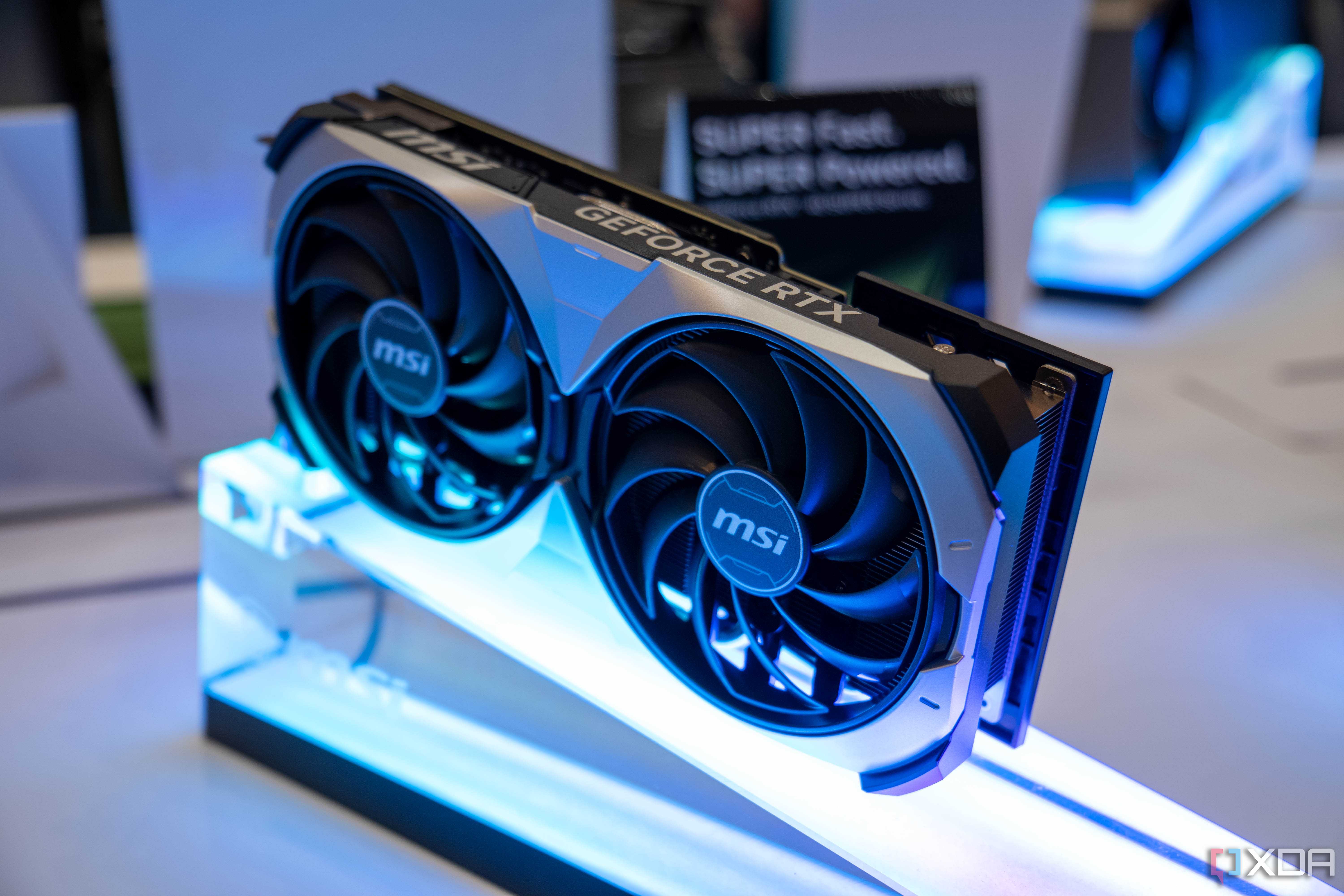 An image of an MSI GPU on an LED display mount.