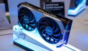An image of an MSI GPU on an LED display mount.