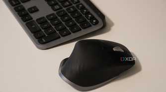 A side view of the MX Master 3 on a desk, with an MX Master Keyboard.
