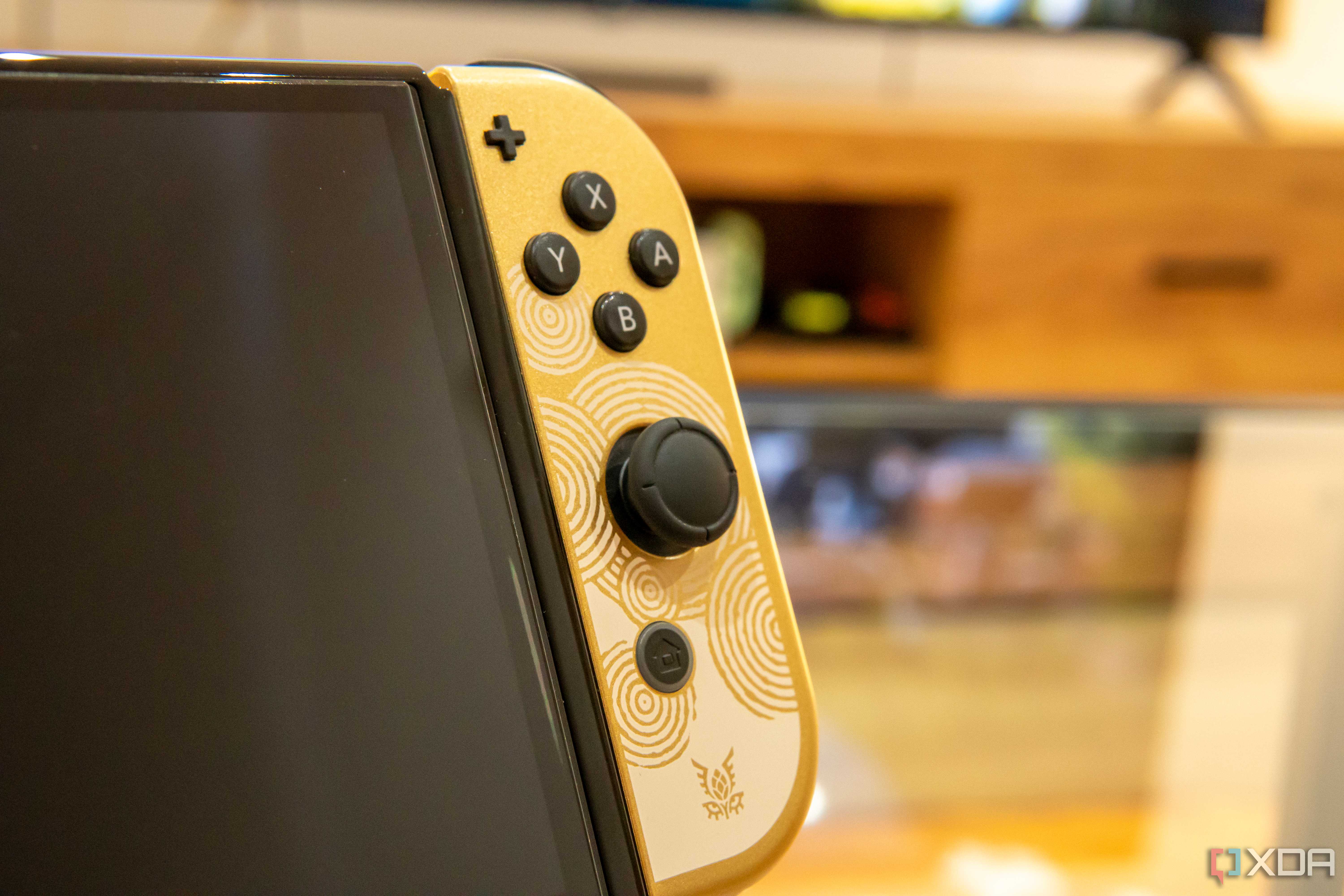 Close-up view of the analog stick on a Nintendo Switch controller