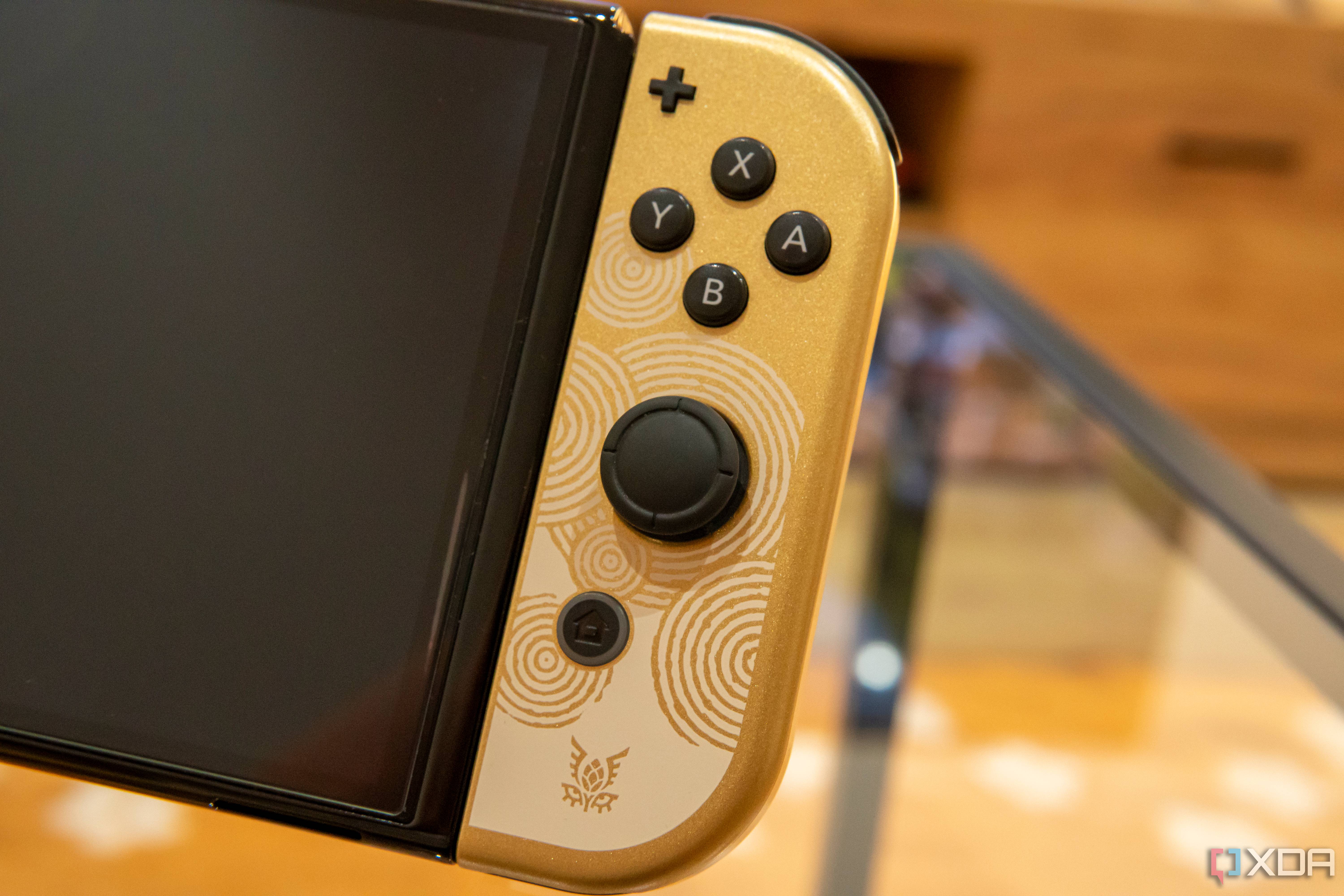 Close-up view of the analog stick on a Nintendo Switch controller