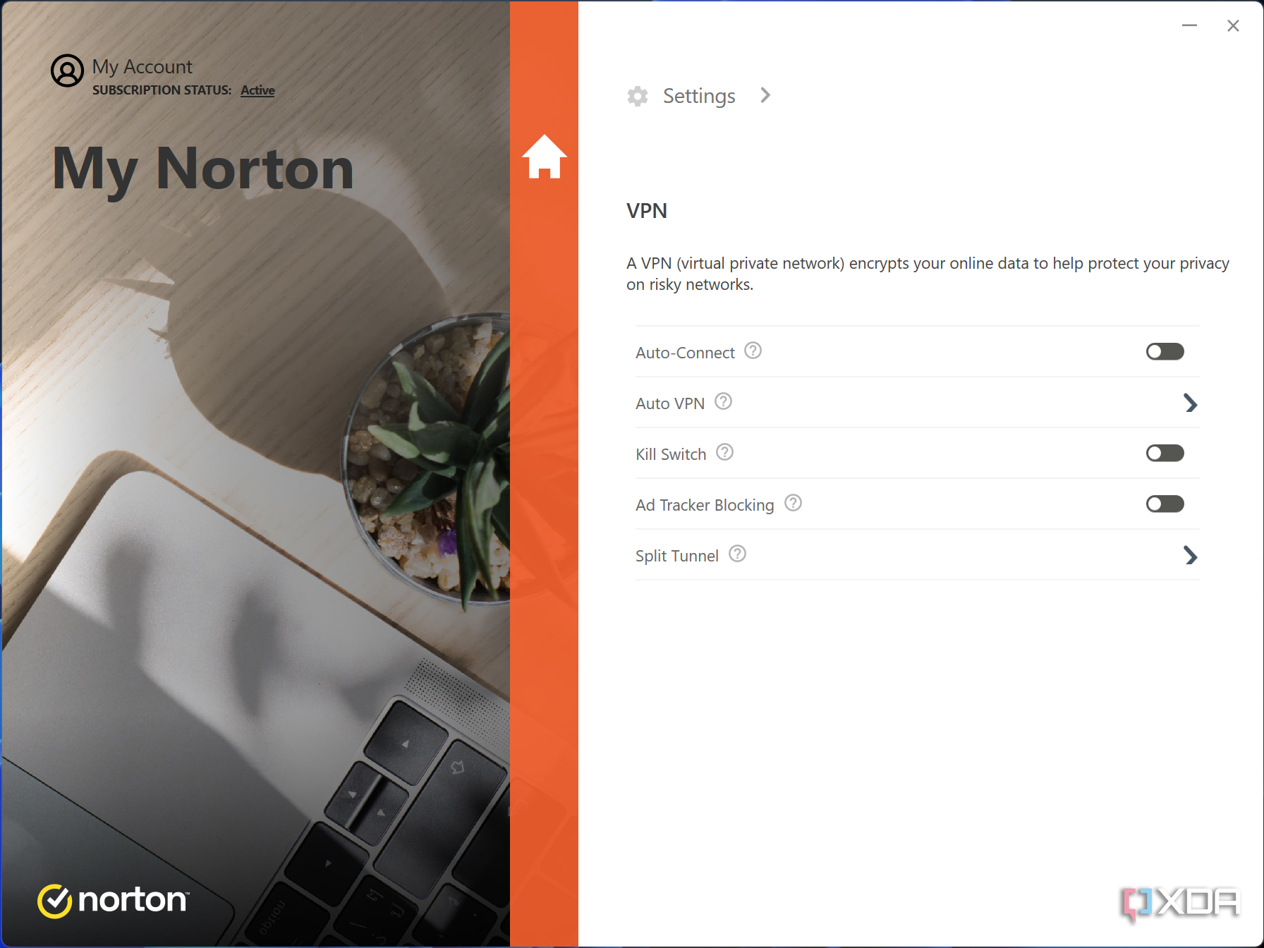 Screenshot of the VPN page in Norton Antivirus