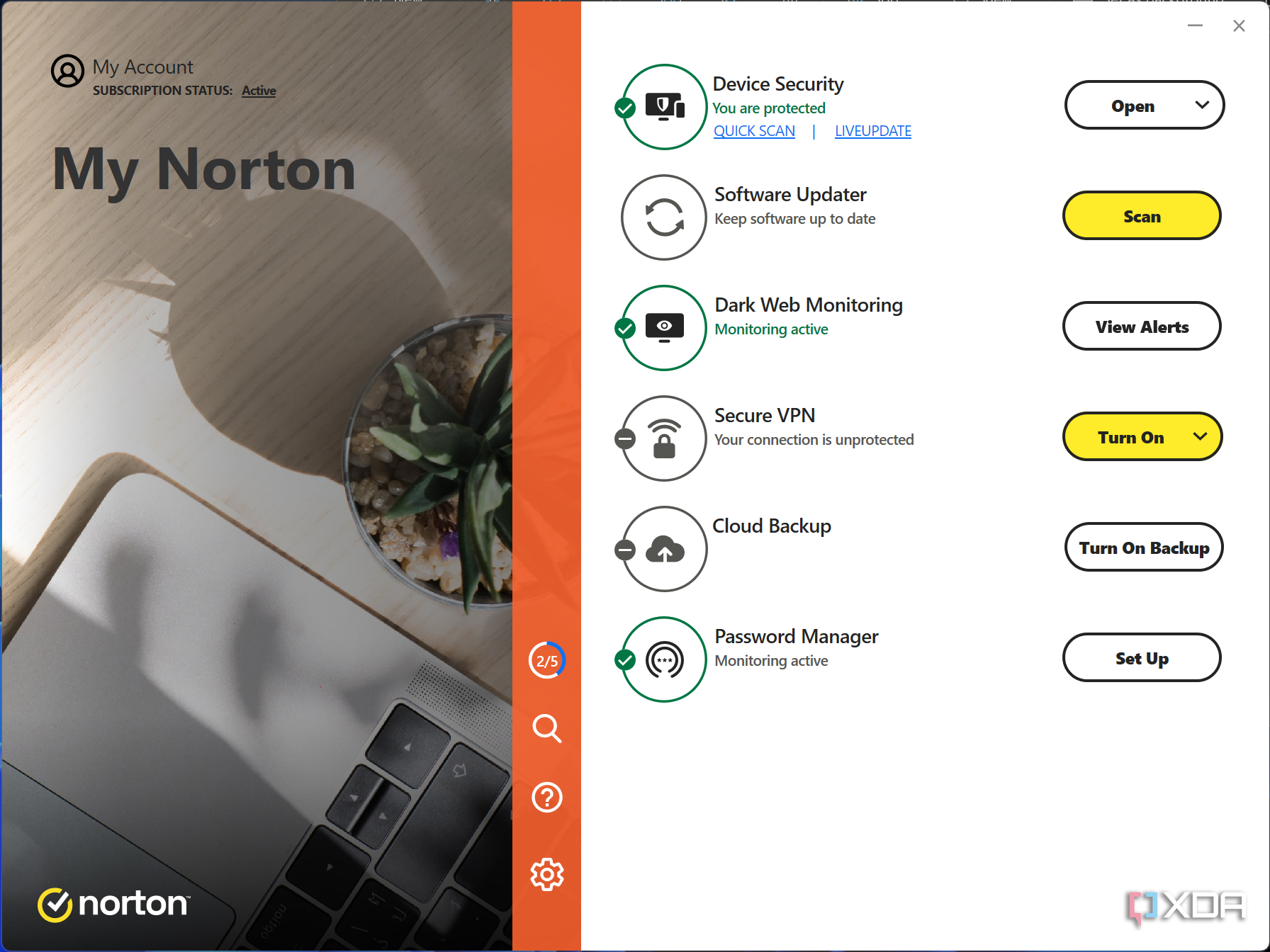 Screenshot of the homepage in Norton Antivirus