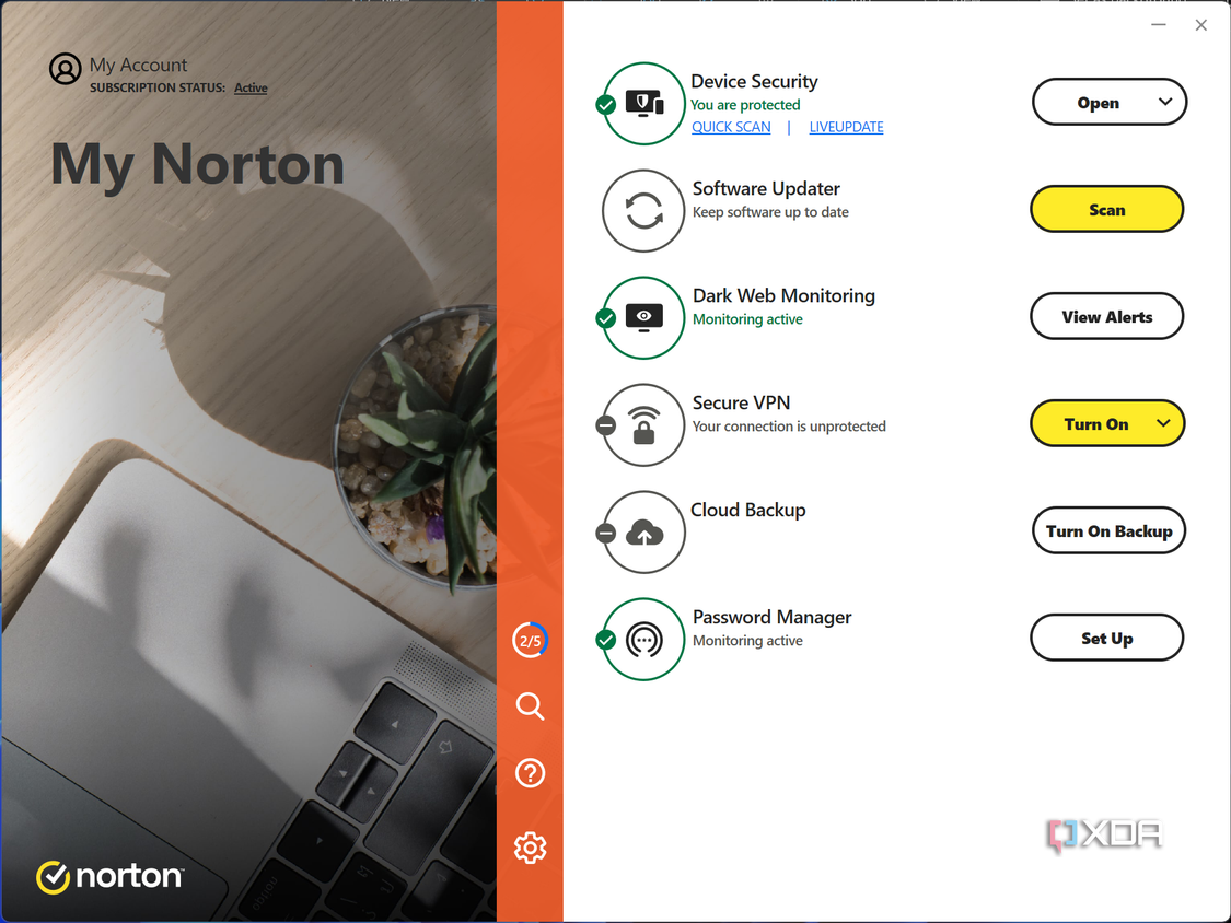 Screenshot of the homepage in Norton Antivirus