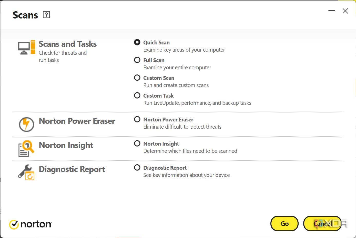 Screenshot of the scans page in Norton antivirus