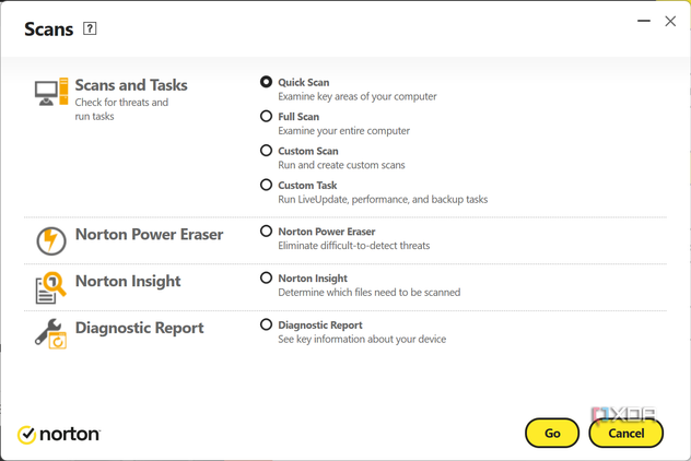Screenshot of the scans page in Norton antivirus