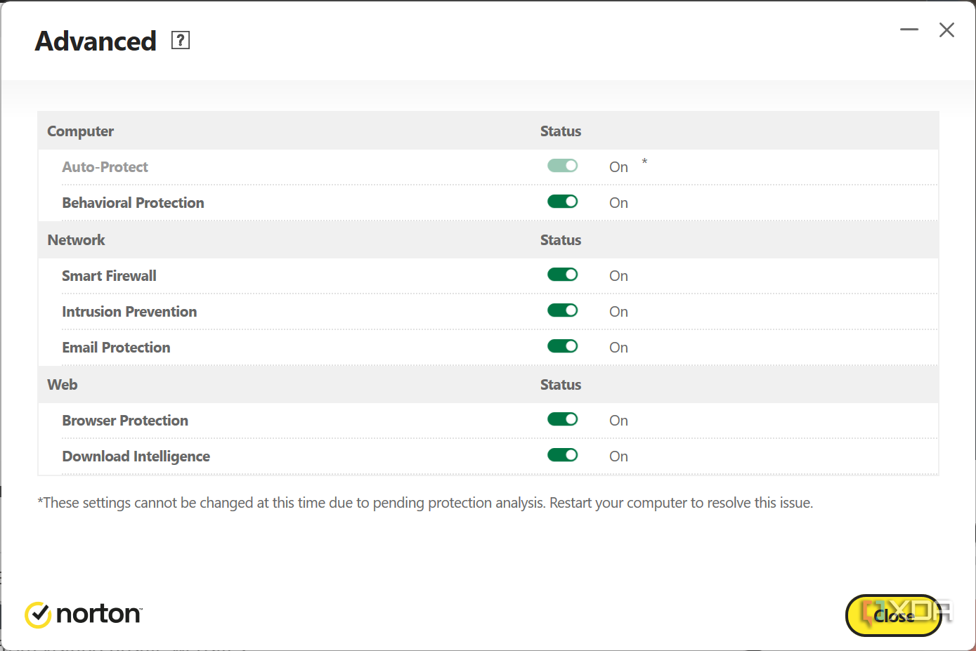 Screenshot of the advanced settings page in Norton antivirus