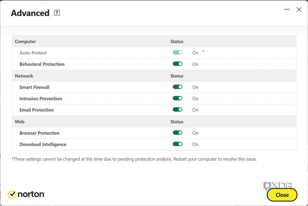 Screenshot of the advanced settings page in Norton antivirus