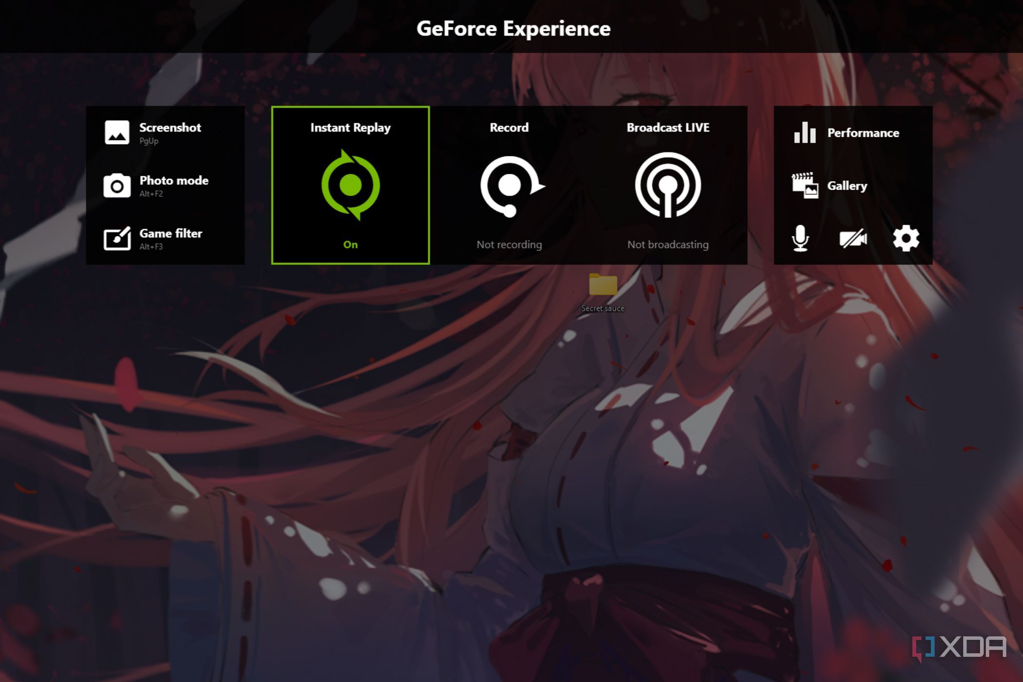 A screenshot showing Nvidia GeForce Experience overlay over a wallpaper on Windows 11 desktop.