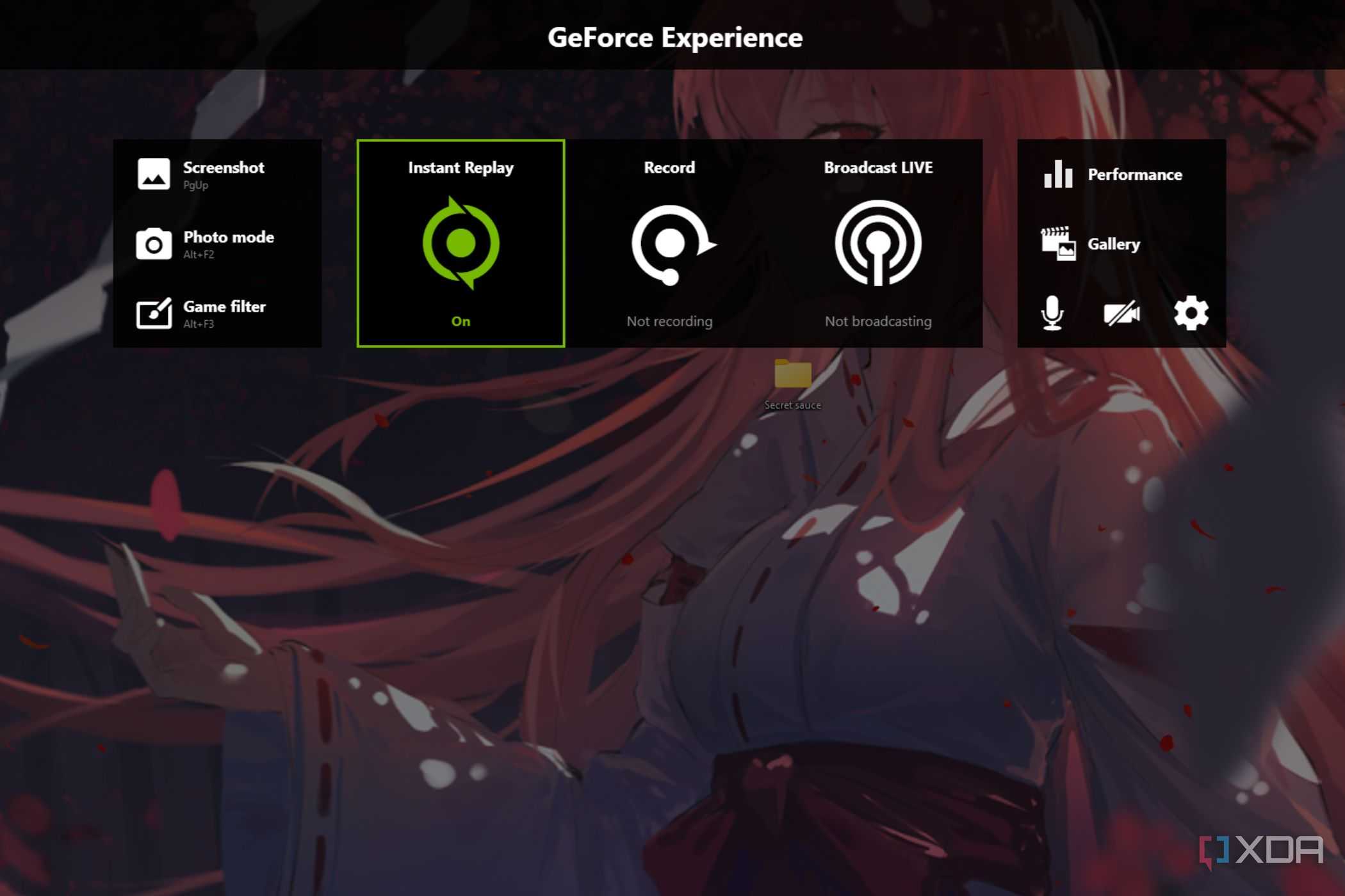 A screenshot showing Nvidia GeForce Experience overlay over a wallpaper on Windows 11 desktop.