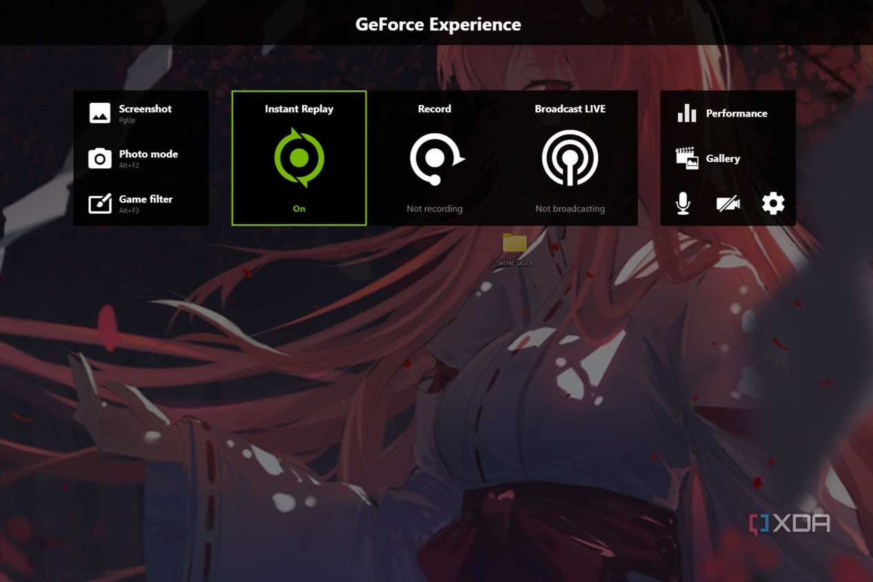 A screenshot showing Nvidia GeForce Experience overlay over a wallpaper on Windows 11 desktop.