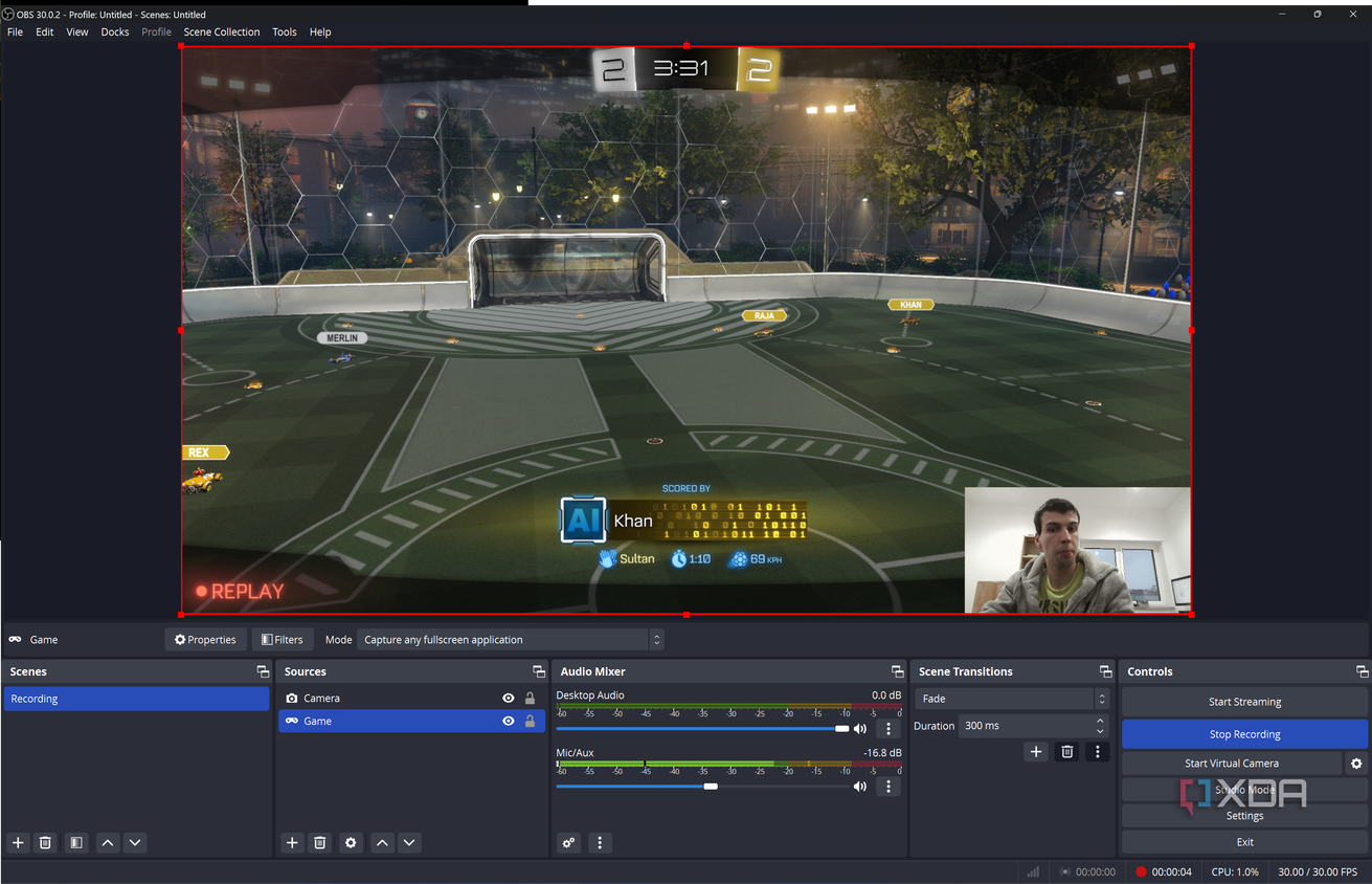 Screenshot of OBS Studio while recording a gameplay session including a webcam overlay