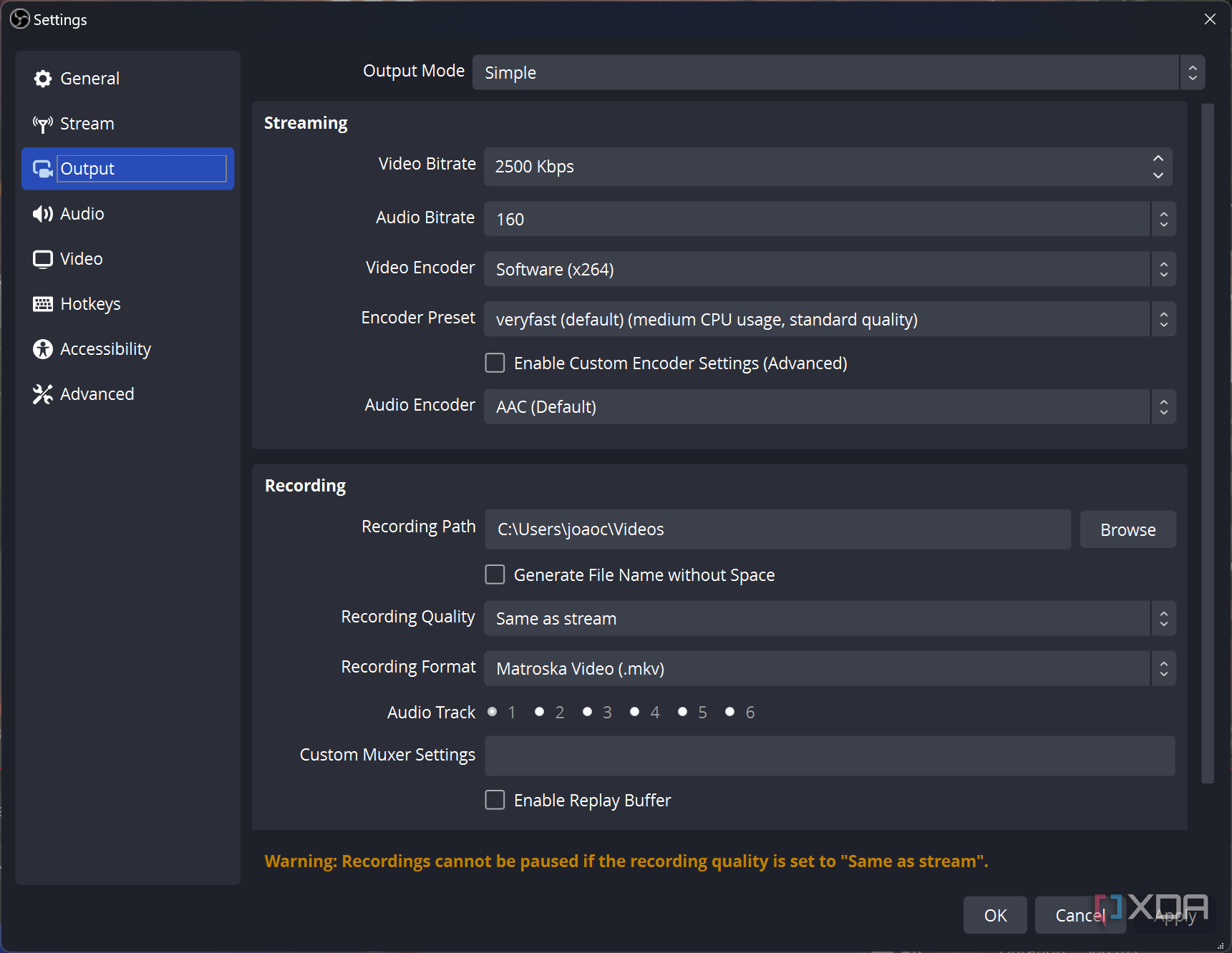 Screenshot of output settings in OBS Studio