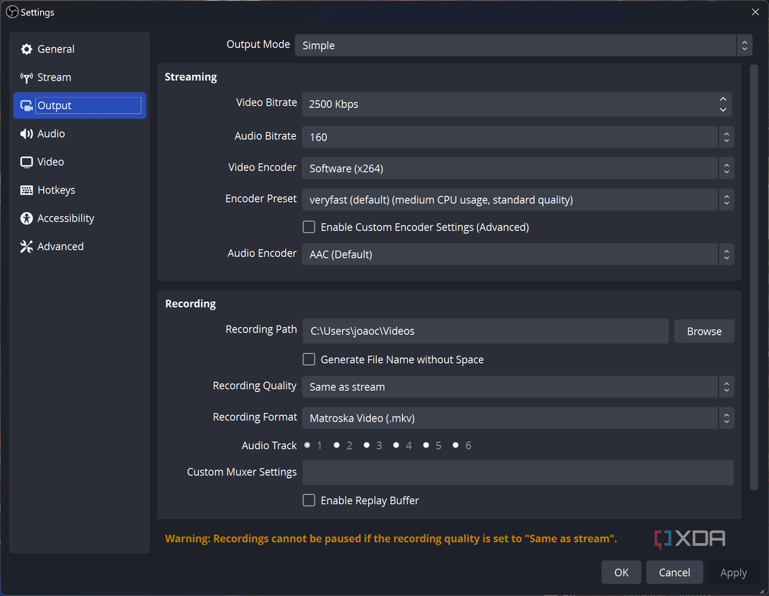 Screenshot of output settings in OBS Studio