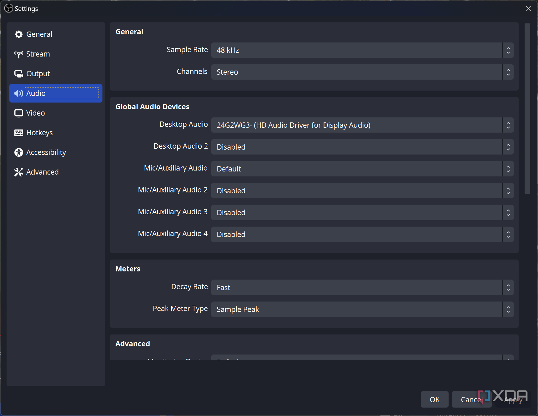 Screenshot of audio settings in OBS Studio