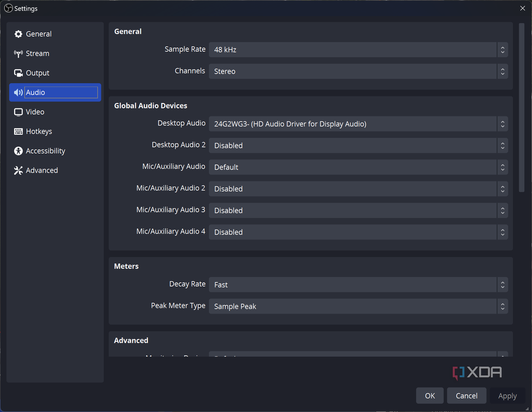 Screenshot of audio settings in OBS Studio