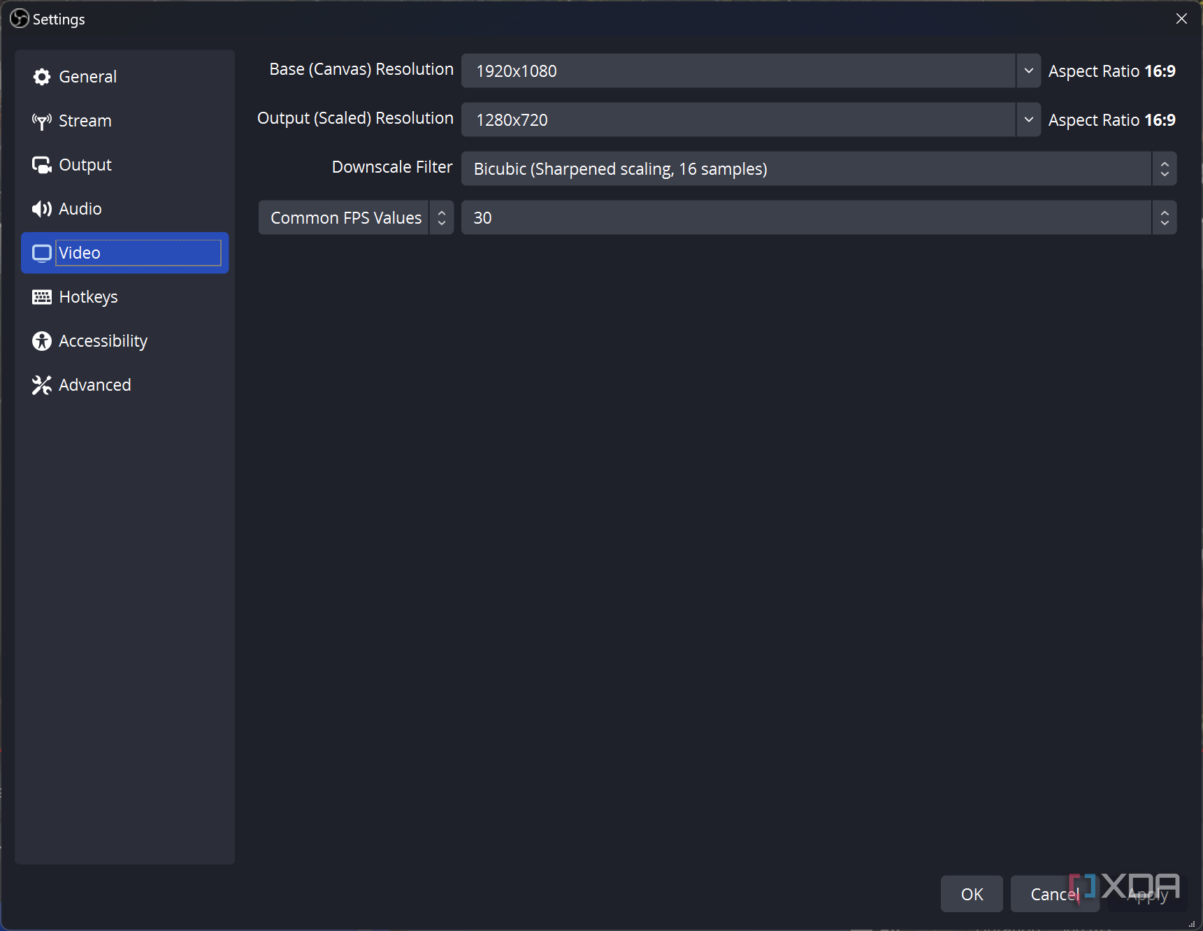 Screenshot of video settings in OBS Studio