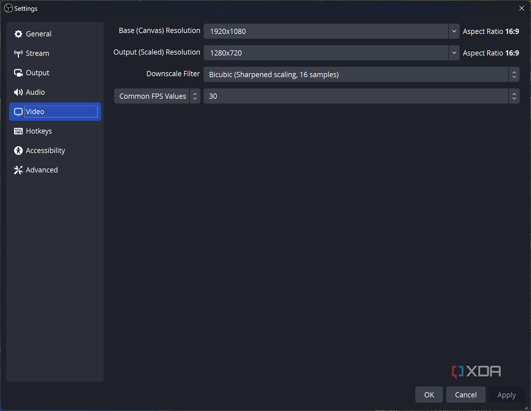Screenshot of video settings in OBS Studio