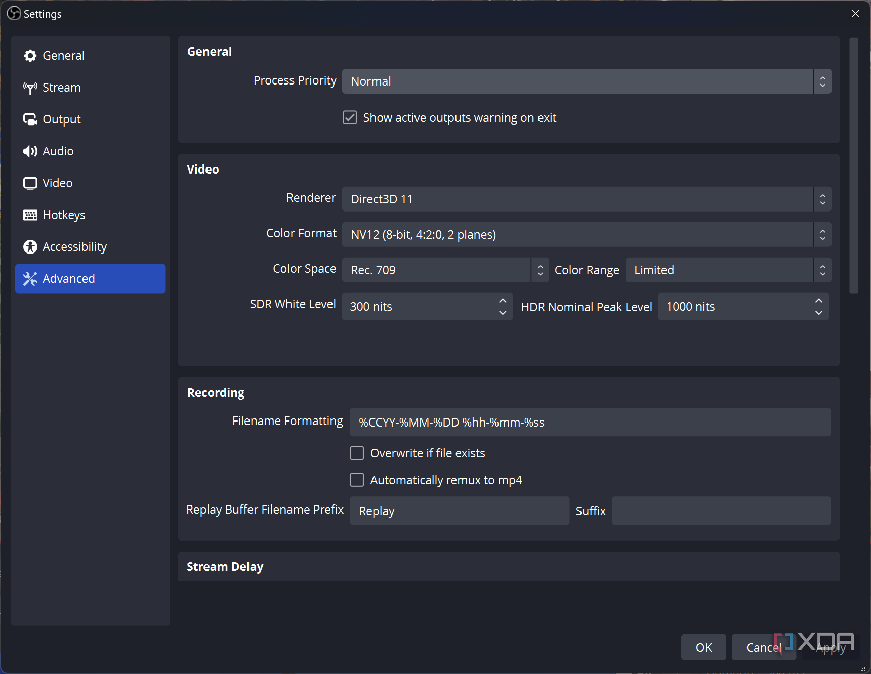 Screenshot of Advanced settings in OBS Studio