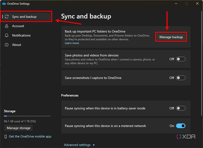 Screenshot of the OneDrive settings window with the backup page open