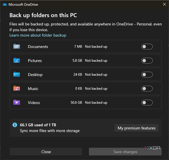 Screenshot of the OneDrive backup settings in Windows 11