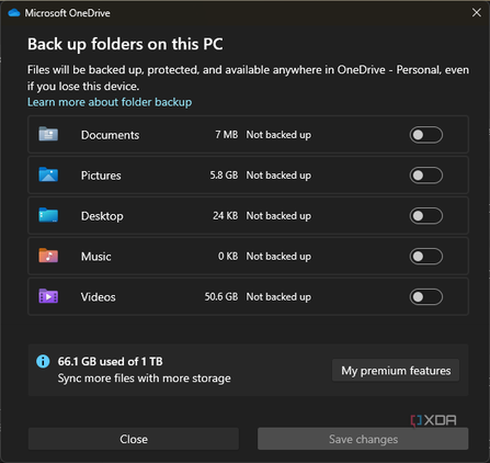 Screenshot of the OneDrive backup settings in Windows 11