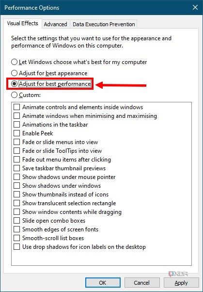 Screenshot of visual effect options in Windows 10 with the best performance setting selected