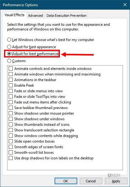 Screenshot of visual effect options in Windows 10 with the best performance setting selected