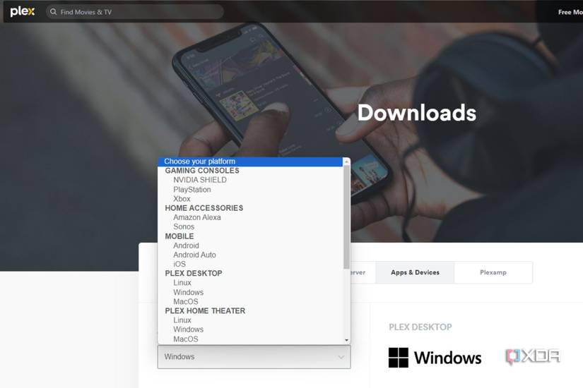 A screenshot showing the Plex download page with a drop-down menu full of compatible platforms.