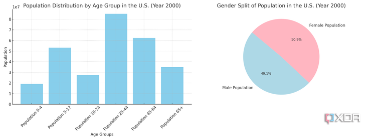 Population age group bar chart and Gender Pie chart, taken from the US census and generated with ChatGPT