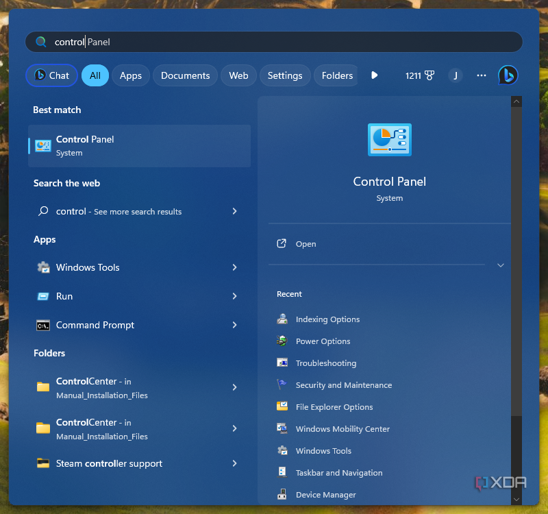 Screenshot of Windows 11 search showing results for Control Panel