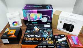 An image showing a bunch of PC components kept on a table in their retail boxes.