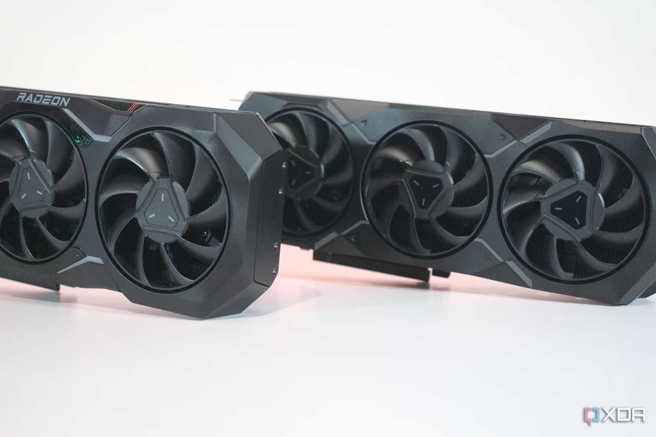 An image showing AMD's Radeon 7900 XTX and 7900 XT GPUs next to each other.
