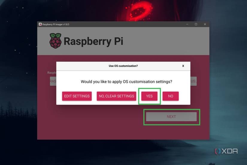 A screenshot of the Raspberry Pi Imager with the Next and Yes buttons highlighted